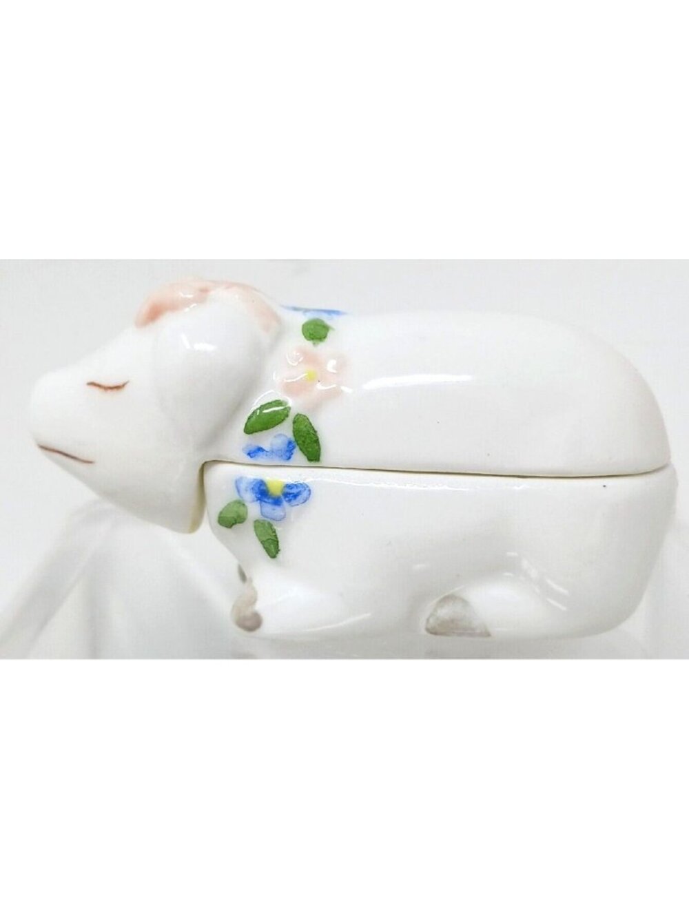 Pig Trinket Ring Box Porcelain Piggy Bow Flowers Vintage 3.1/4 x1.5/8 in #S-2